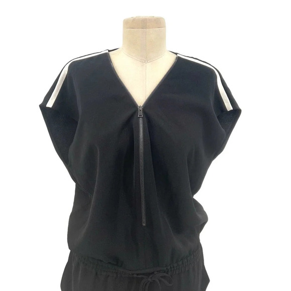 Vince Contrast Trim Zipper V-Neck Drawstring Dress Black Size Small - Picture 3 of 11